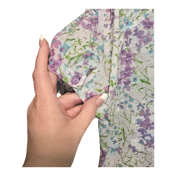 Basic Editions Womens Button Up Shirt 1X Purple Floral Print Pintuck Swiss Dot - Picture 6 of 9